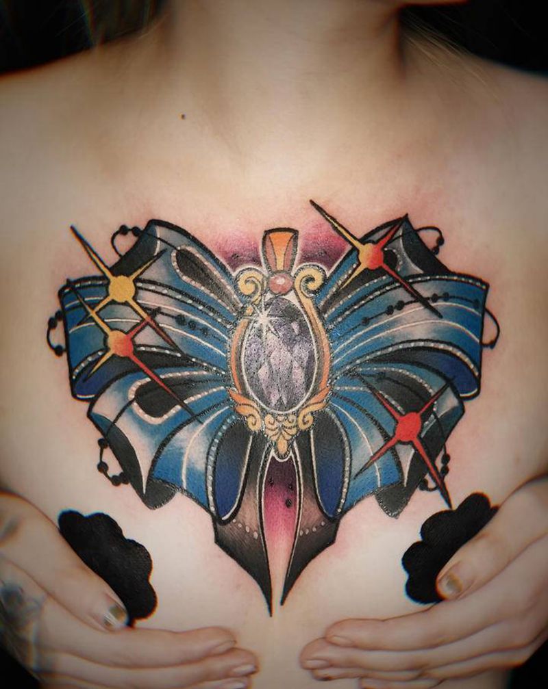 蝴蝶结纹身图片_胸部New SchoolOld School花胸纹身图案