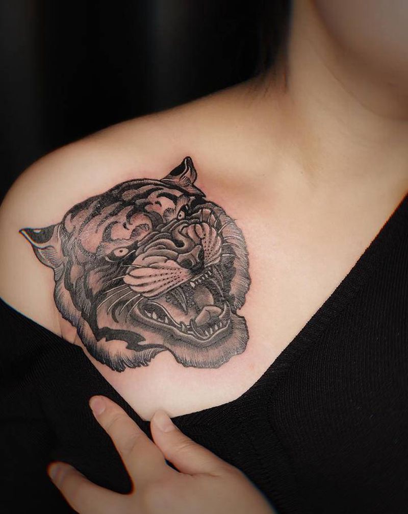 老虎纹身图片_胸部肩部New SchoolOld School锁骨纹身图案