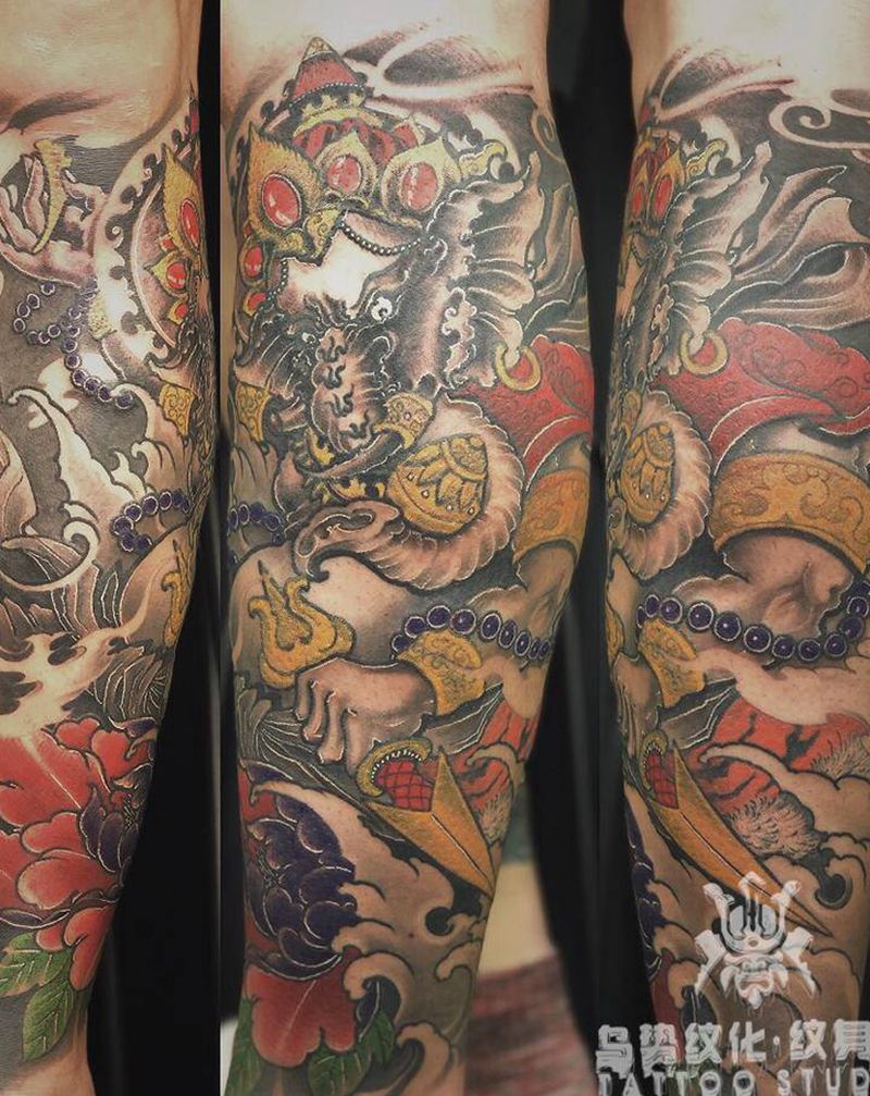 象神纹身图片_腿部新传统包小腿花腿纹身图案