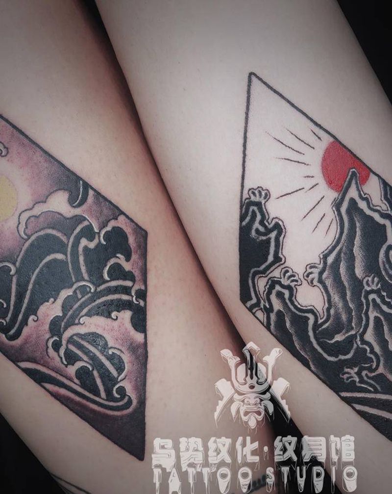 山海纹身图片_腿部老传统新传统情侣纹身图案