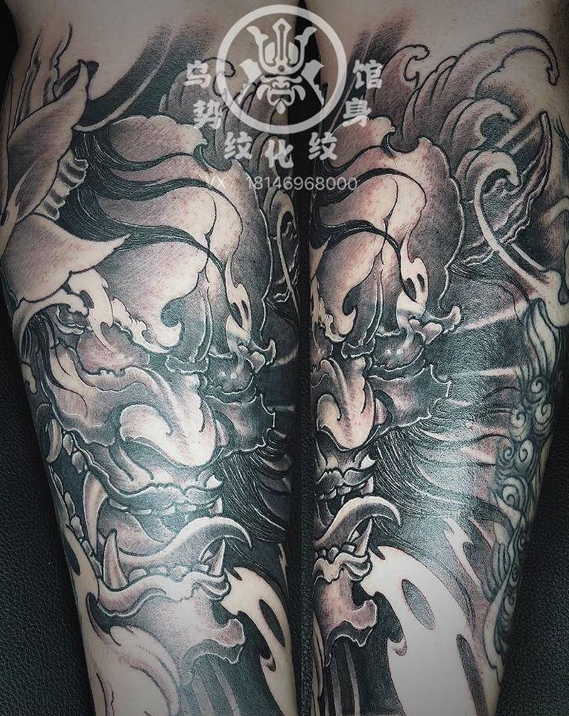 般若纹身图片_腿部新传统遮盖纹身图案