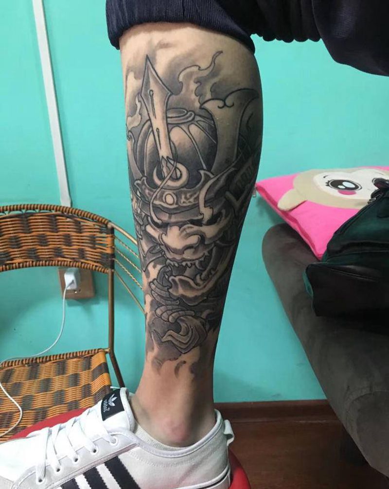 鬼武士恢复后纹身图片_腿部新传统纹身图案