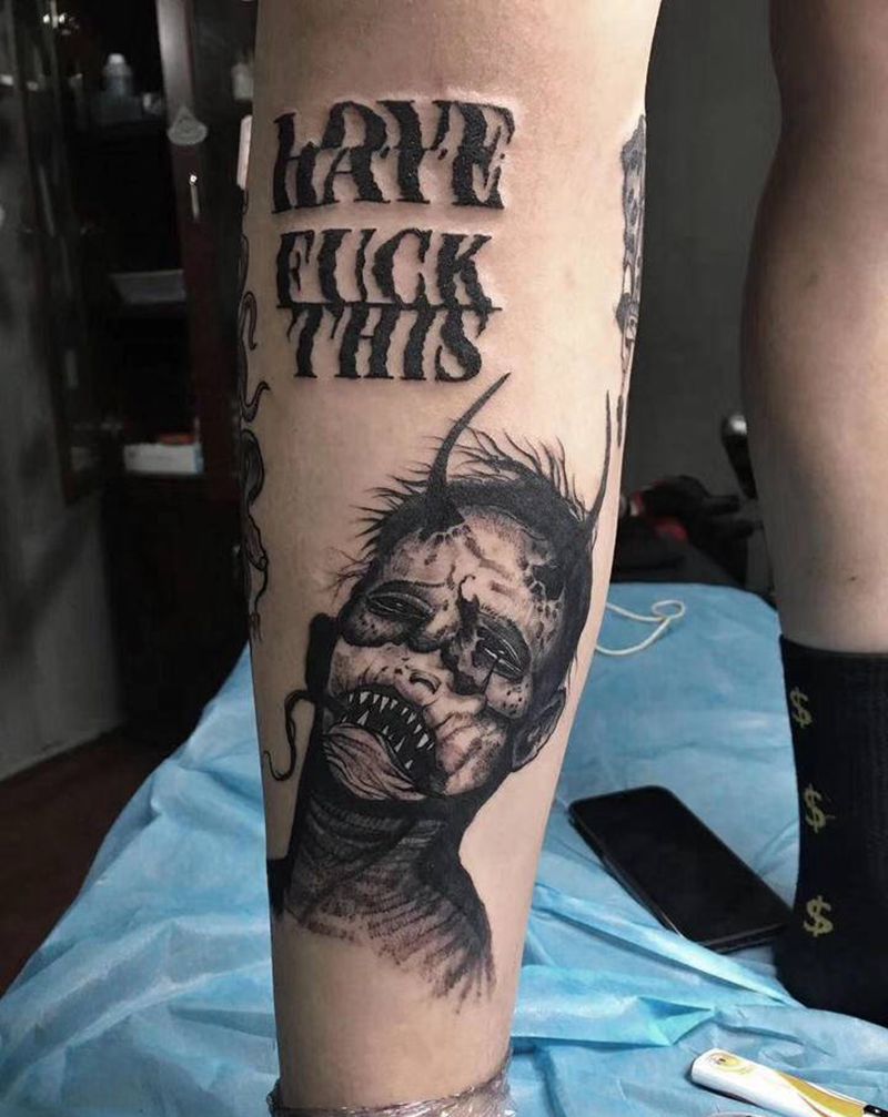 暗黑系包小腿纹身图片_腿部欧美写实New School纹身图案