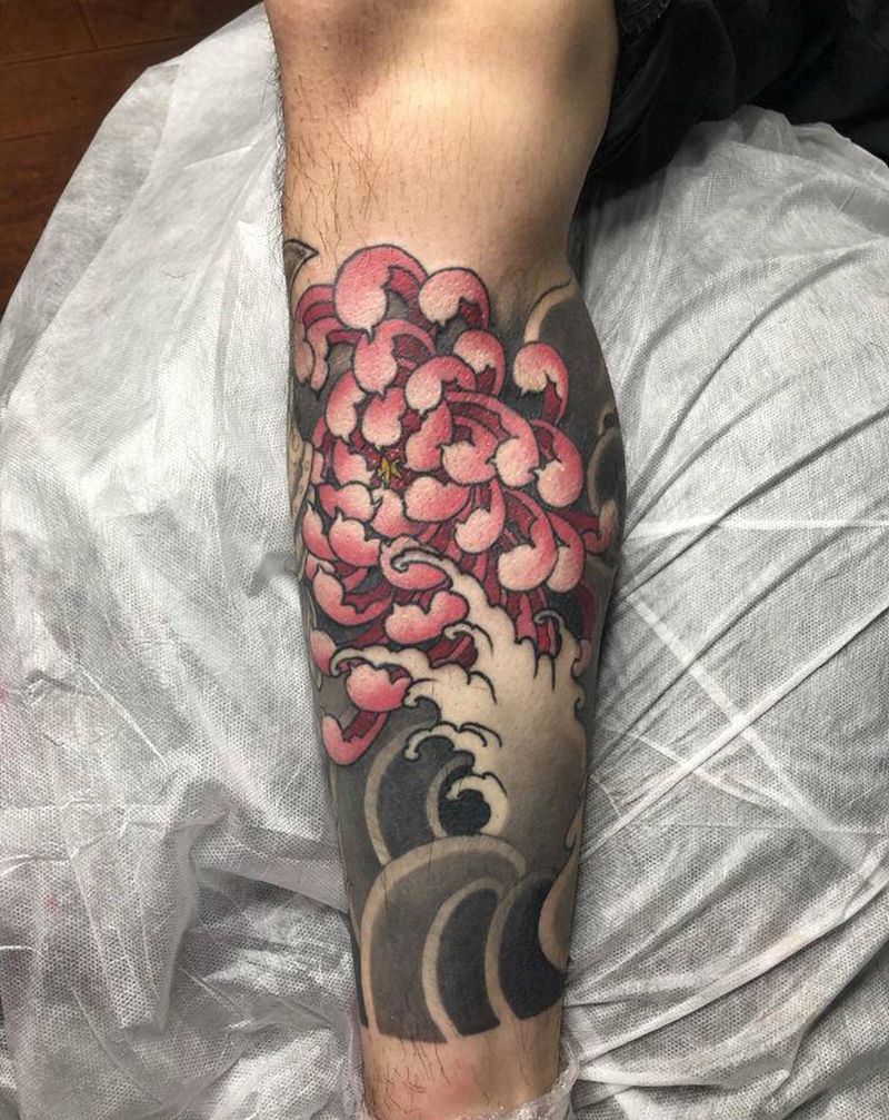 鬼武士包小腿未完成纹身图片_腿部新传统纹身图案