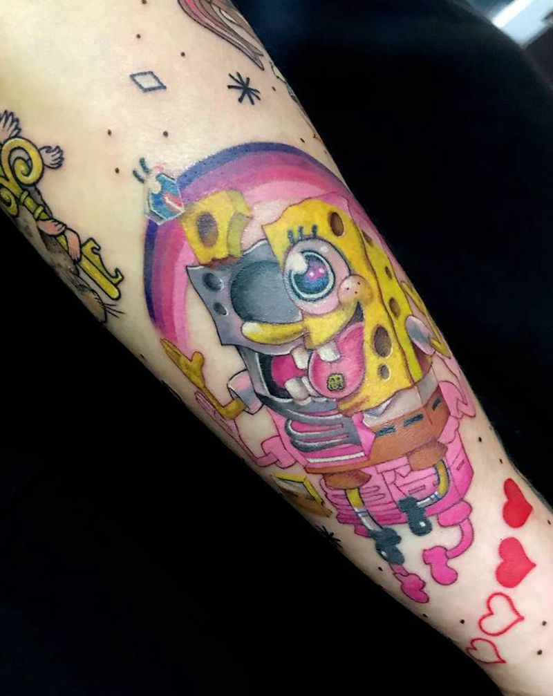 海绵宝宝t纹身图片_手臂动漫纹身图案