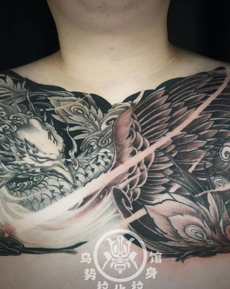 花胸纹身图片_胸部肩部新传统老传统凤凰朱雀纹身图案