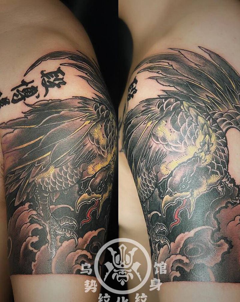 雄鹰纹身图片_肩部手臂新传统遮盖毛笔字纹身图案