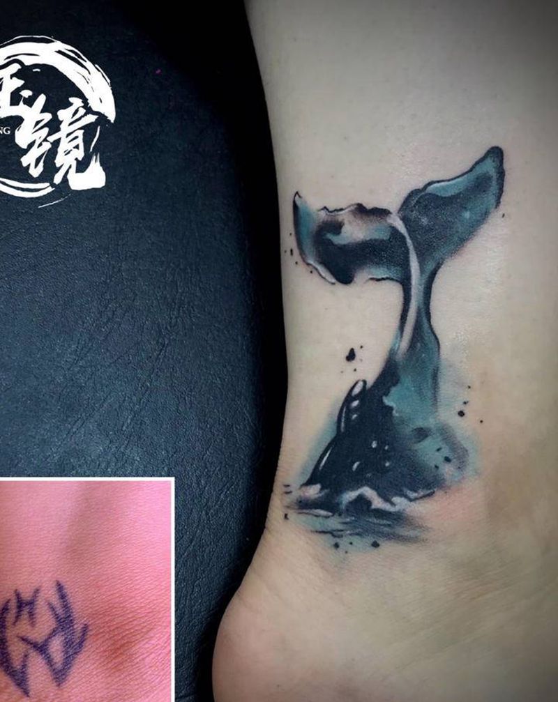 遮盖 鲸鱼纹身图片_腿部水墨纹身图案