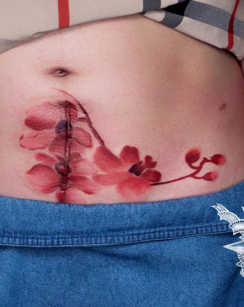 遮盖刨腹产疤痕纹身图片_腹部水墨纹身图案