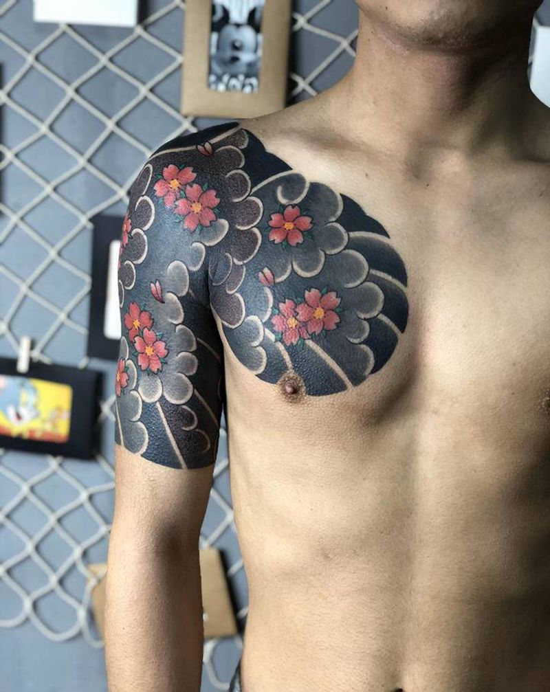 樱花半甲纹身图片_老传统纹身图案