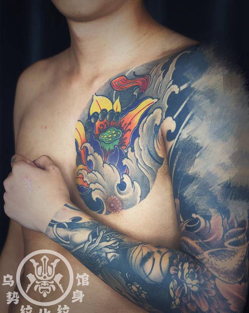 艺妓、荷花纹身图片_胸部手臂新传统纹身图案