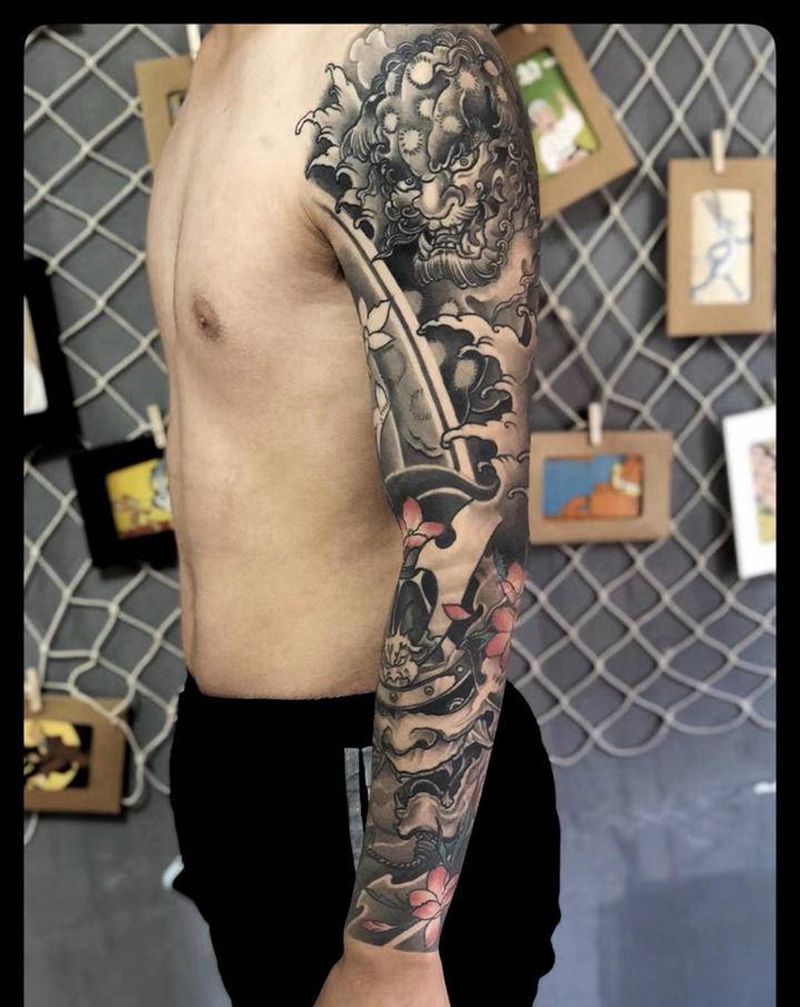 唐狮鬼武士纹身图片_手臂新传统纹身图案