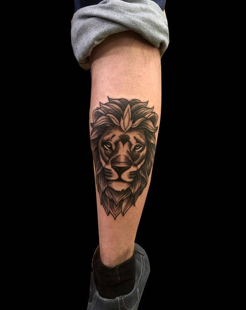 狮子纹身图片_腿部纹身图案