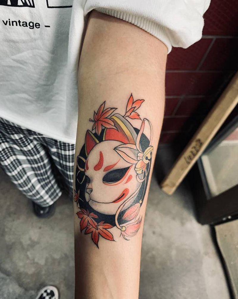 狐狸面具纹身图片_手臂纹身图案