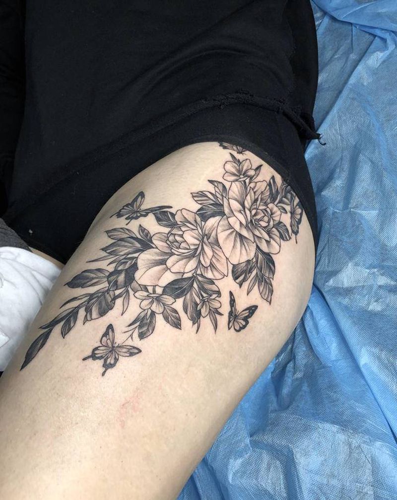 大腿素花纹身图片_腿部纹身图案