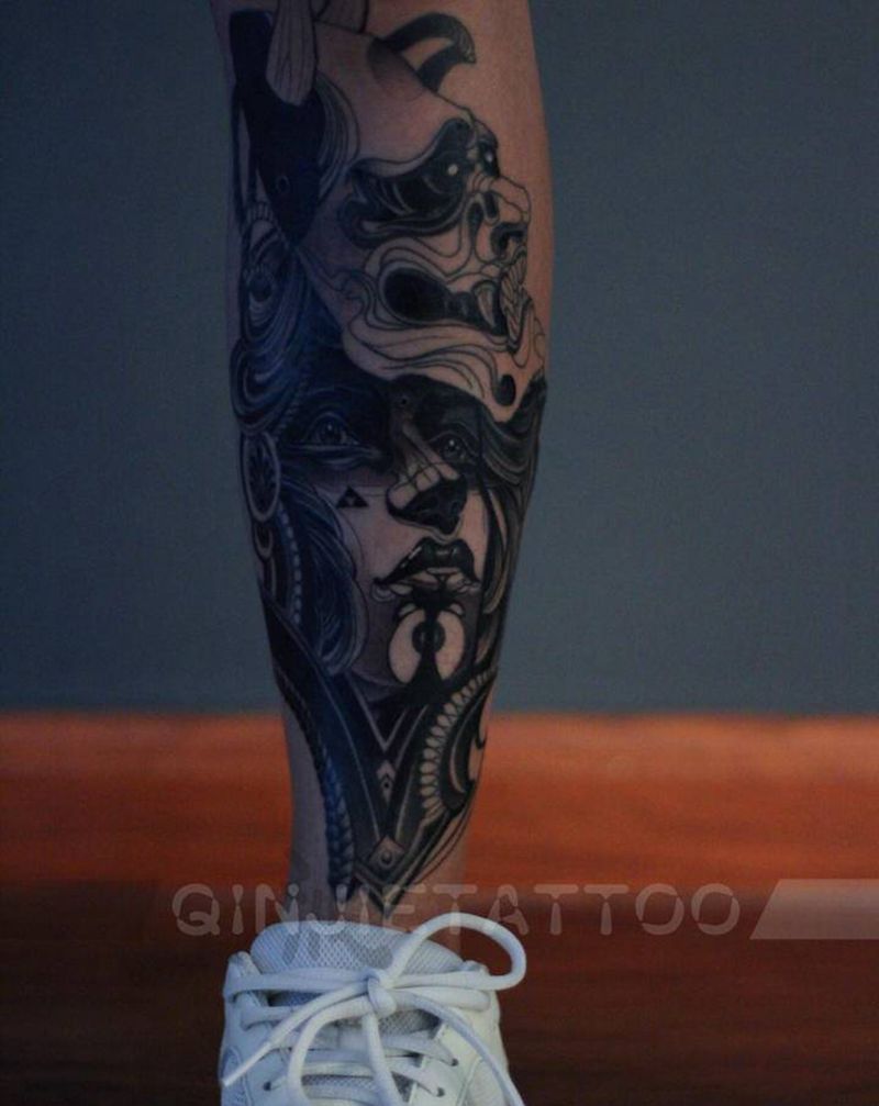 女郎纹身图片_腿部New School女郎般若纹身图案