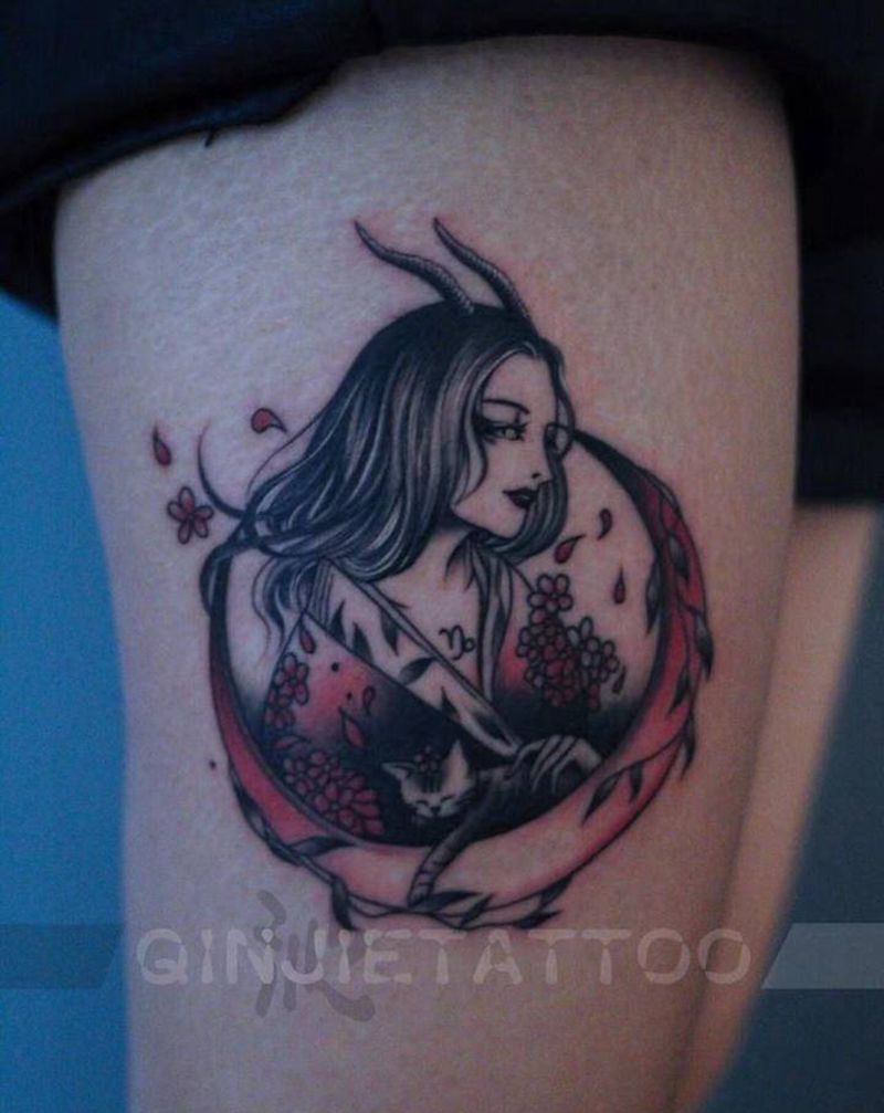 摩羯座纹身图片_腿部暗黑摩羯座女人纹身图案