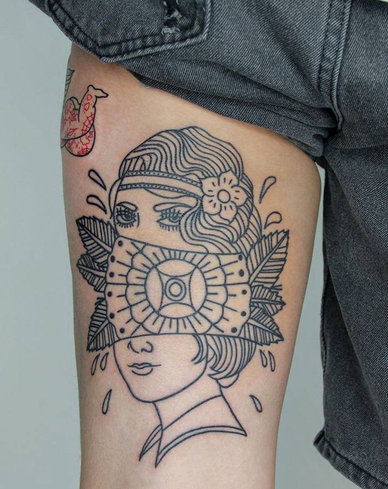 old school拼接花腿纹身图片_腿部Old School纹身图案