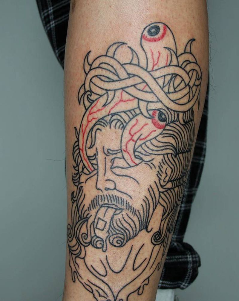 old school耶稣纹身图片_腿部Old School纹身图案