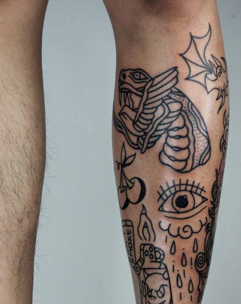 old school拼接纹身图片_腿部Old School纹身图案