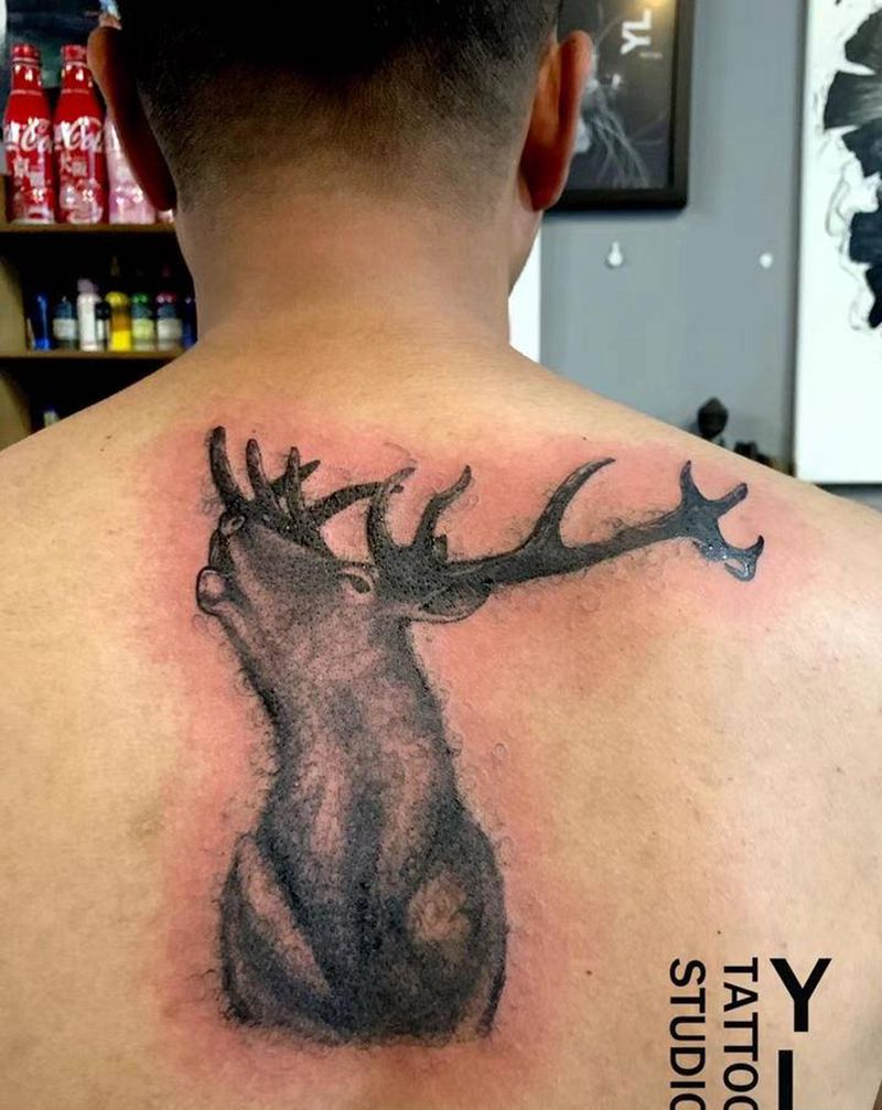 鹿纹身图片_背部点刺速写纹身图案