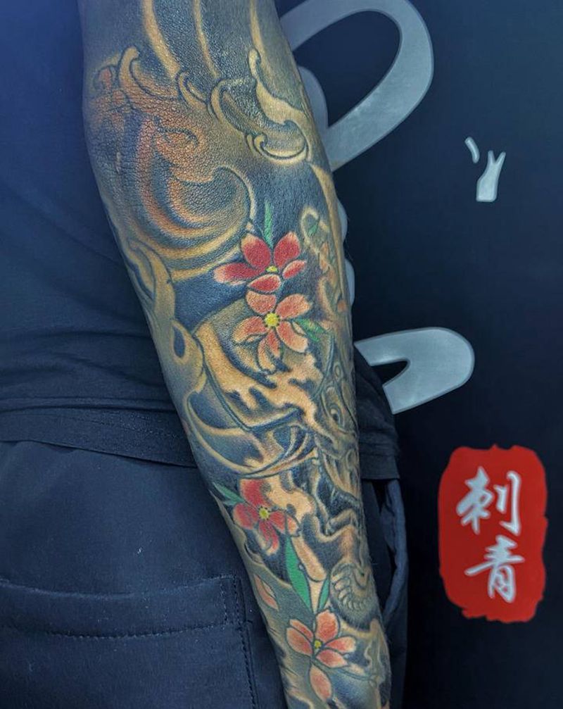 手绘半臂纹身图片_新传统纹身图案