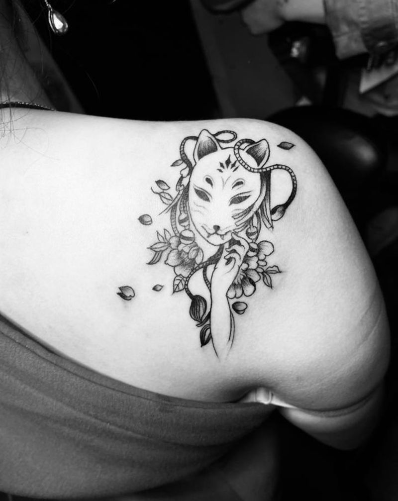 猫脸面具纹身图片_小清新纹身图案