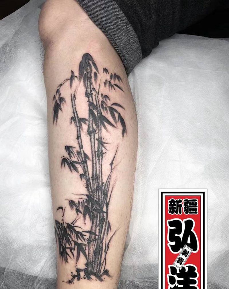 小腿竹纹身图片_腿部水墨点刺纹身图案