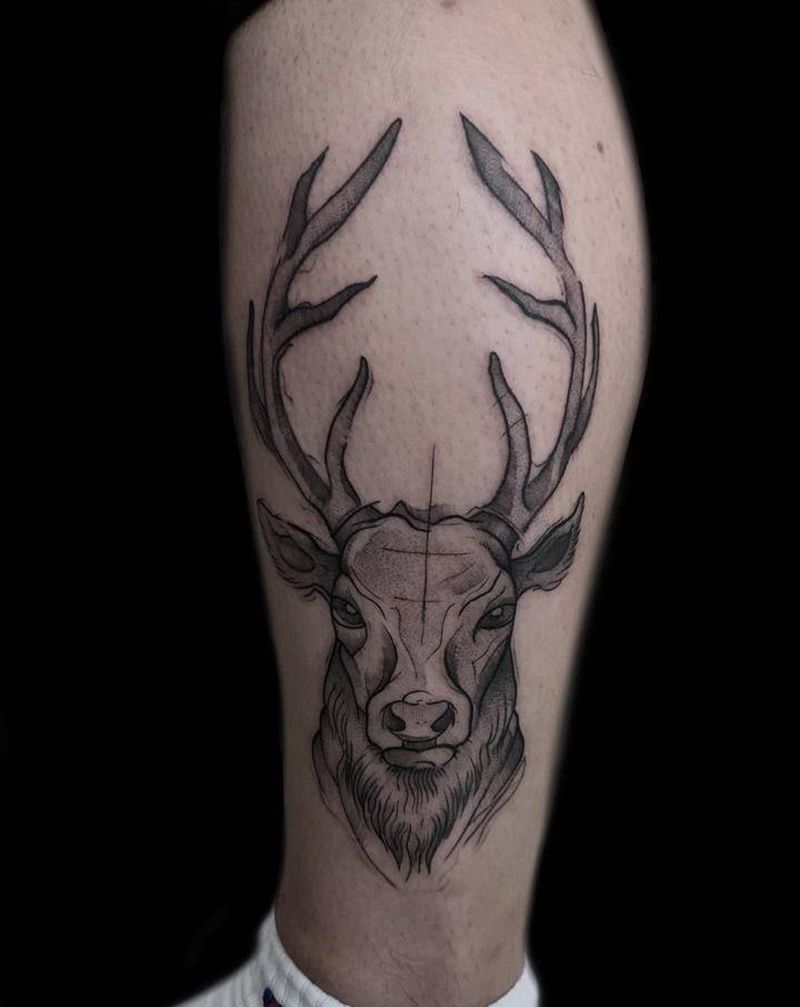 鹿纹身图片_腿部纹身图案