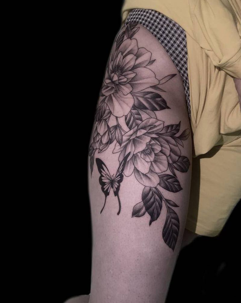 素花纹身图片_腿部纹身图案