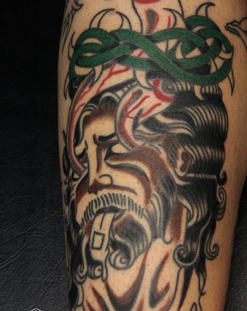 耶稣 未完成 恢复两天纹身图片_腿部Old School纹身图案