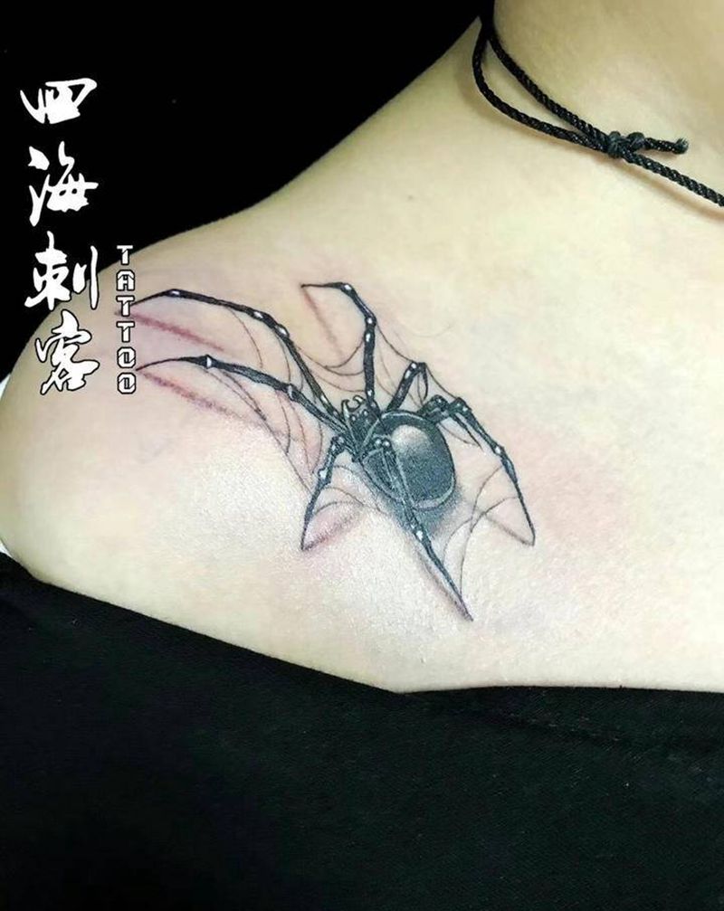 蜘蛛纹身图片_胸部肩部New School欧美写实纹身图案