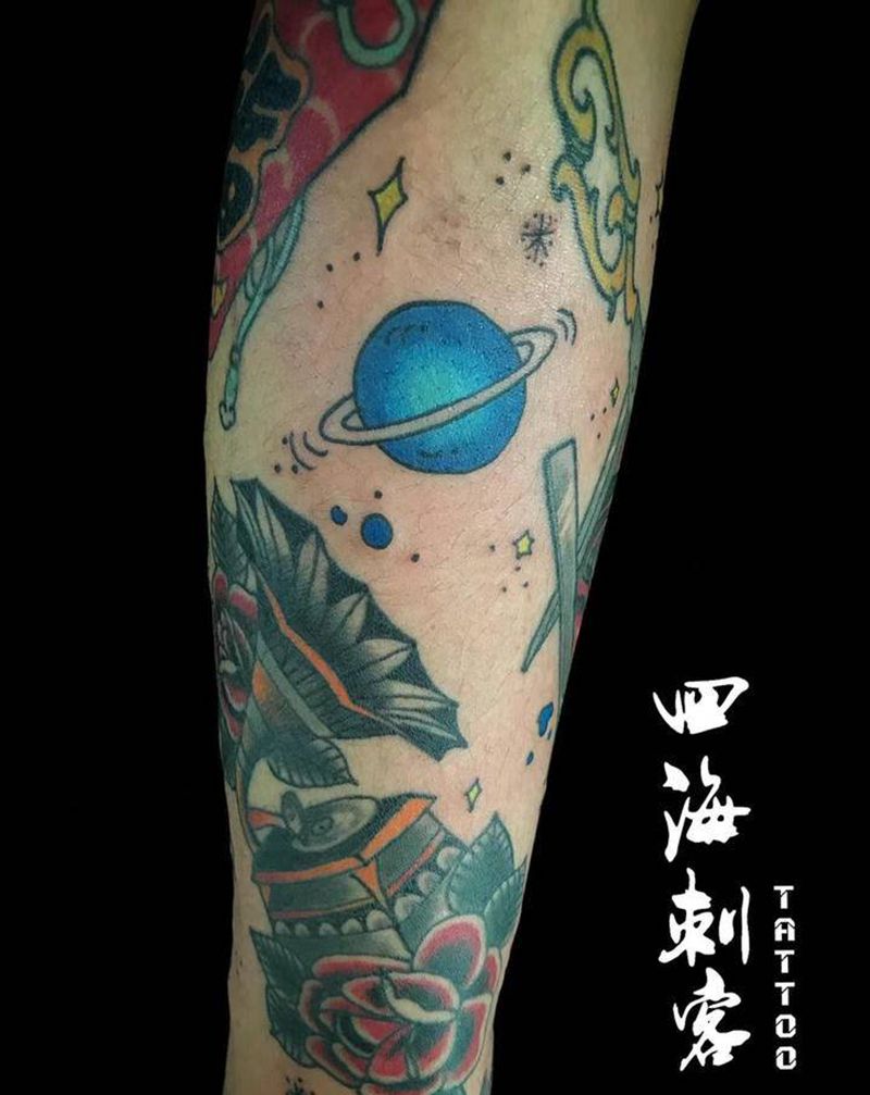 拼接花臂纹身图片_手臂Old SchoolNew School纹身图案