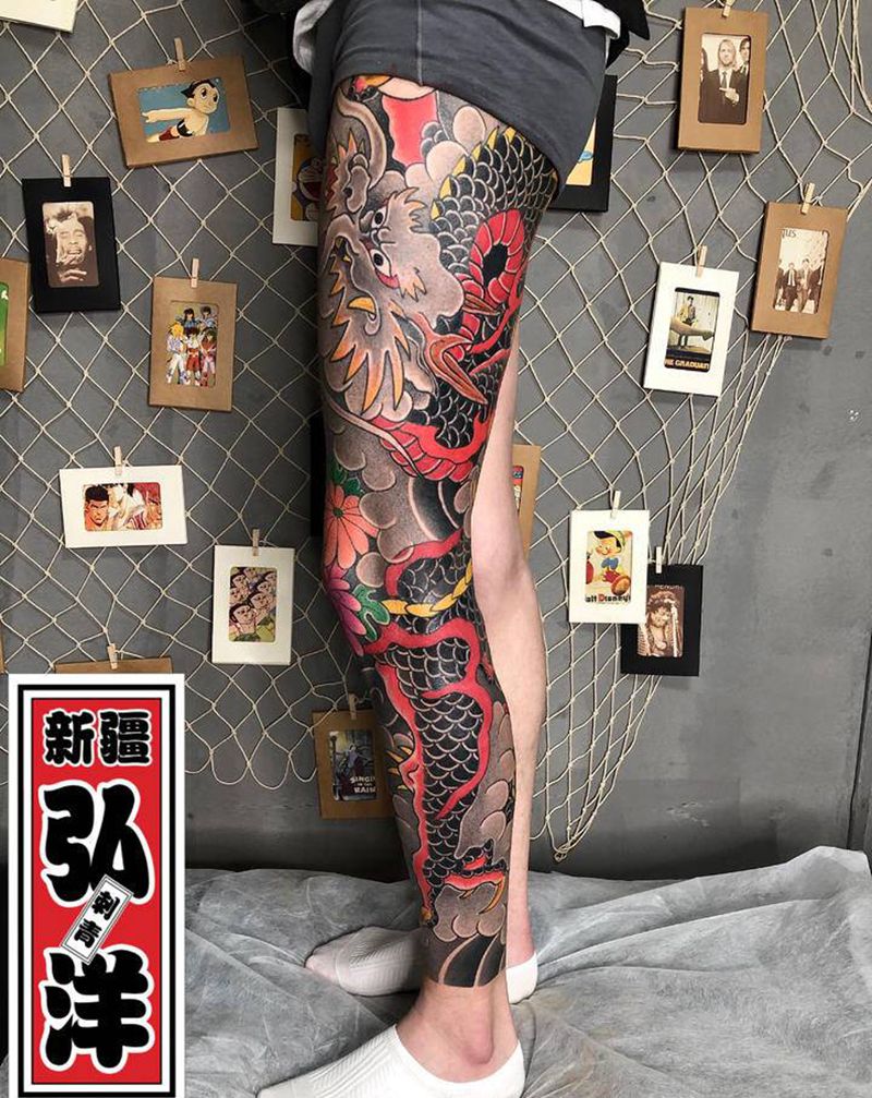 日式花腿龙纹身图片_腿部老传统纹身图案