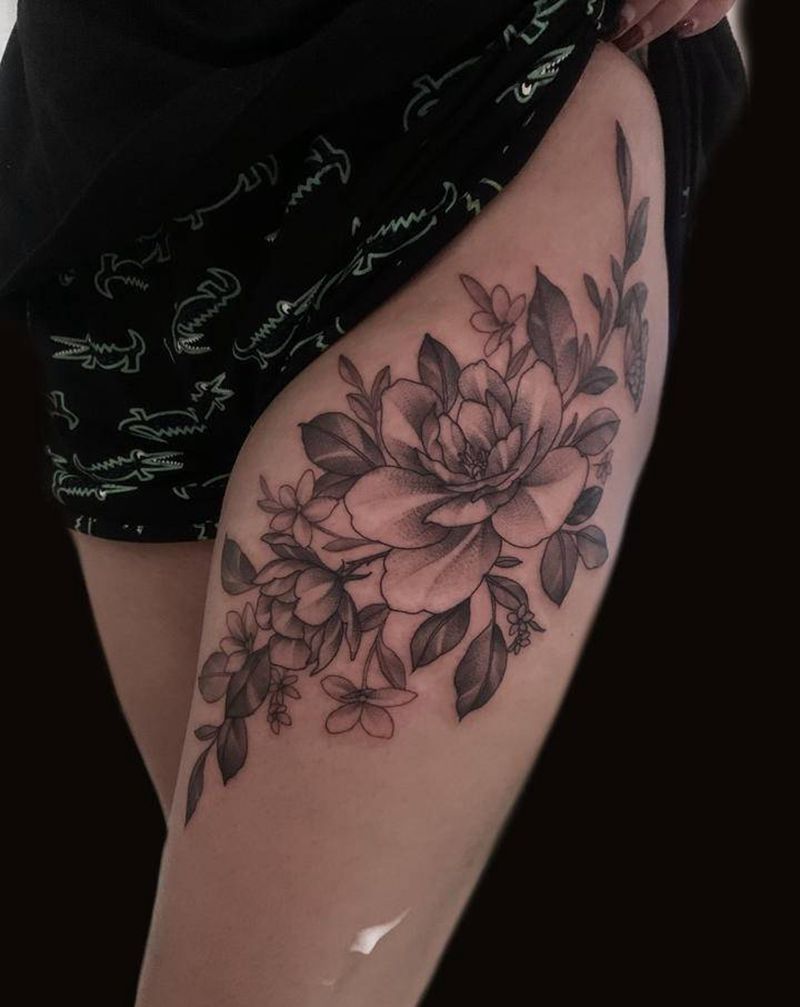 素花纹身图片_腿部纹身图案