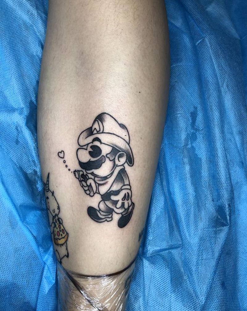 治愈系马里奥纹身图片_腿部New School纹身图案