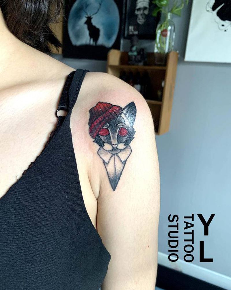 猫纹身图片_肩部手臂Old School纹身图案