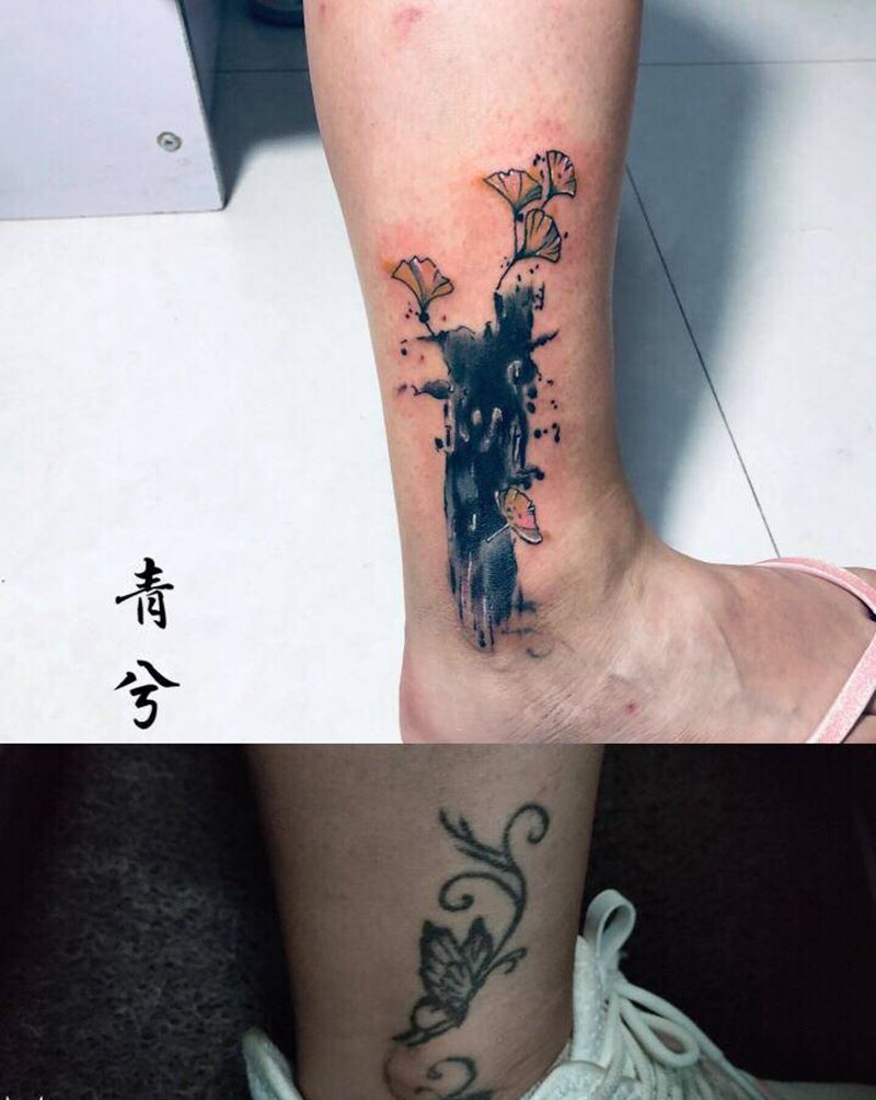 遮盖纹身图片_腿部水墨水彩杏子树  叶纹身图案