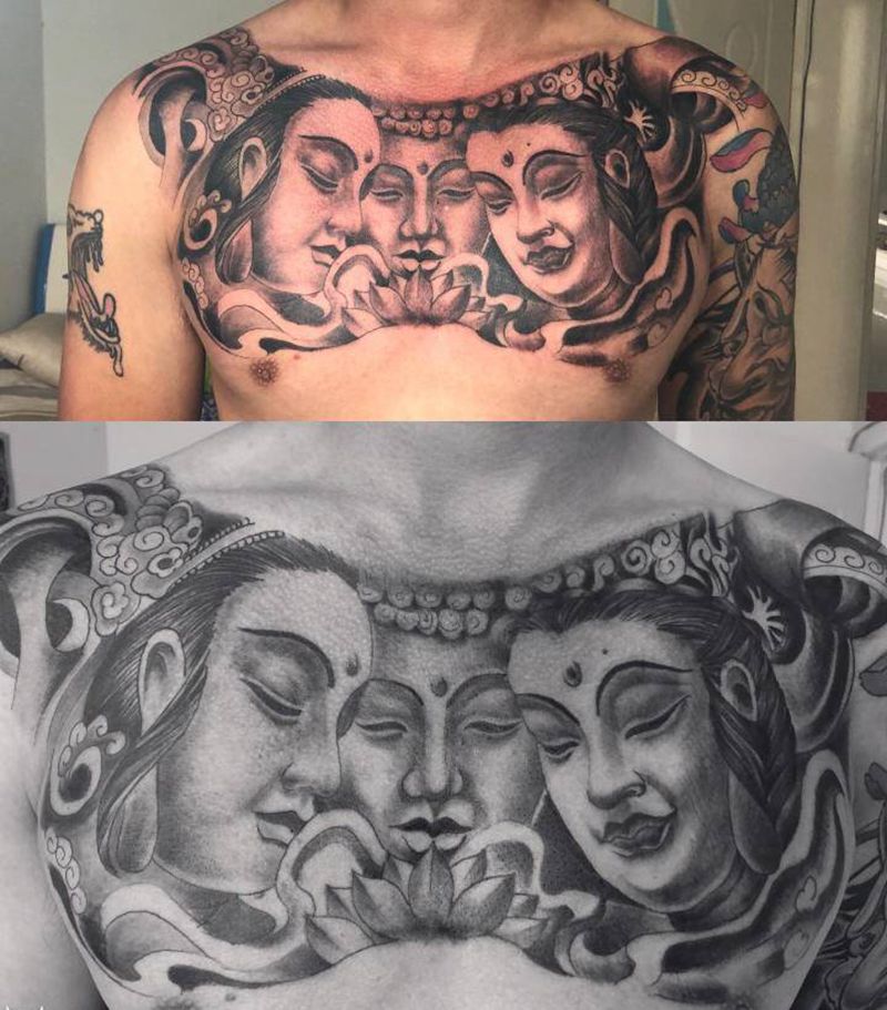 花胸纹身图片_胸部新传统纹身图案