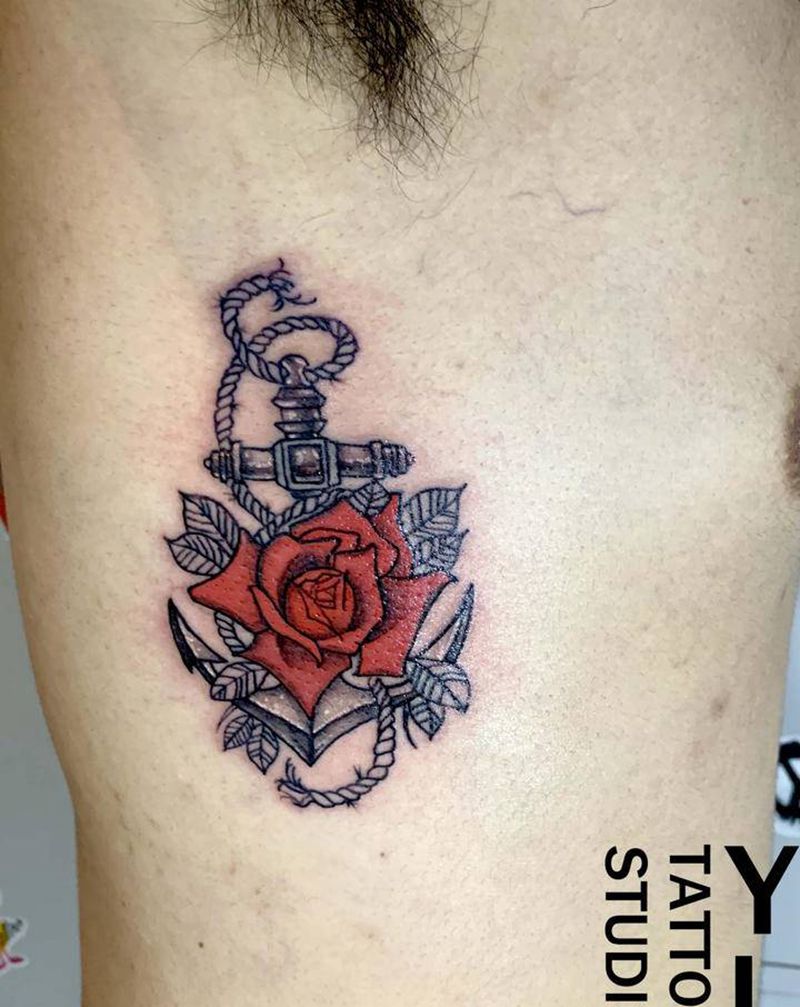 玫瑰船锚纹身图片_New School纹身图案