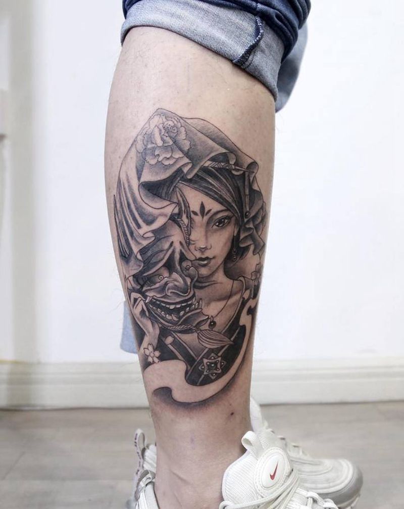 艺伎纹身图片_腿部新传统艺伎般若纹身图案