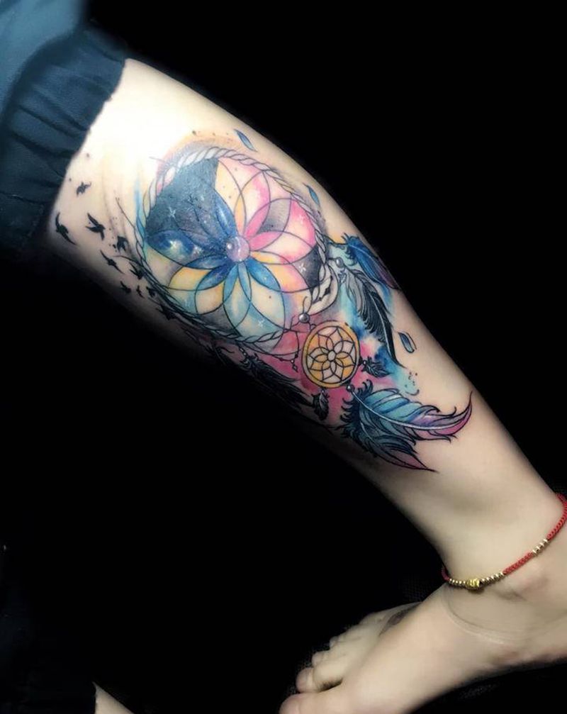 捕梦网/遮盖纹身图片_腿部水彩水墨捕梦网纹身图案