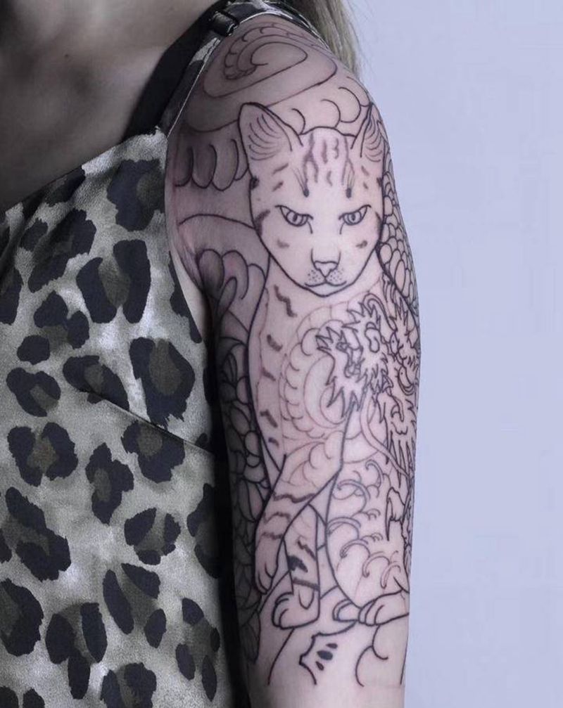 原创日式猫线条纹身图片_手臂老传统猫纹身图案