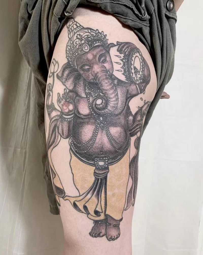大腿象神纹身图片_腿部老传统象神纹身图案