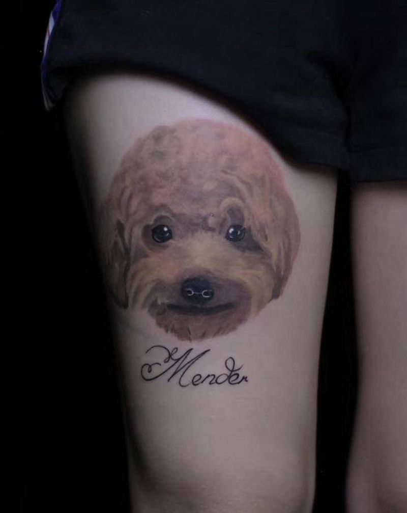 写实泰迪纹身图片_腿部欧美写实狗泰迪纹身图案