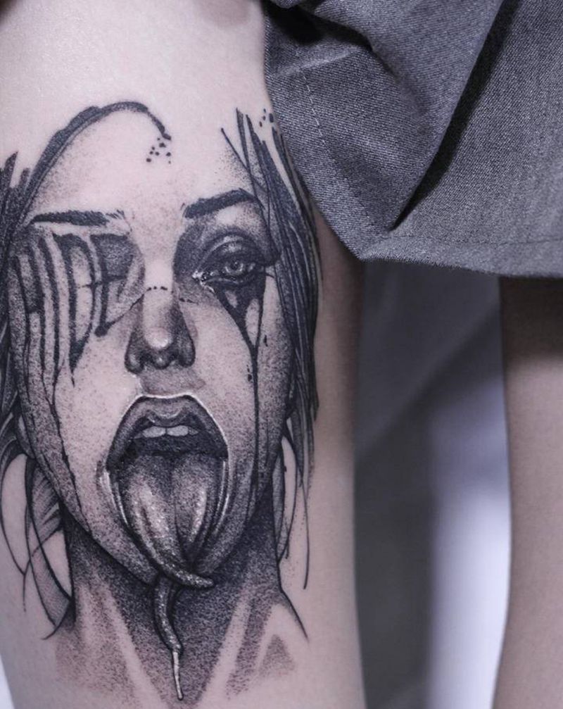 暗黑女郎纹身图片_腿部欧美写实暗黑女郎纹身图案