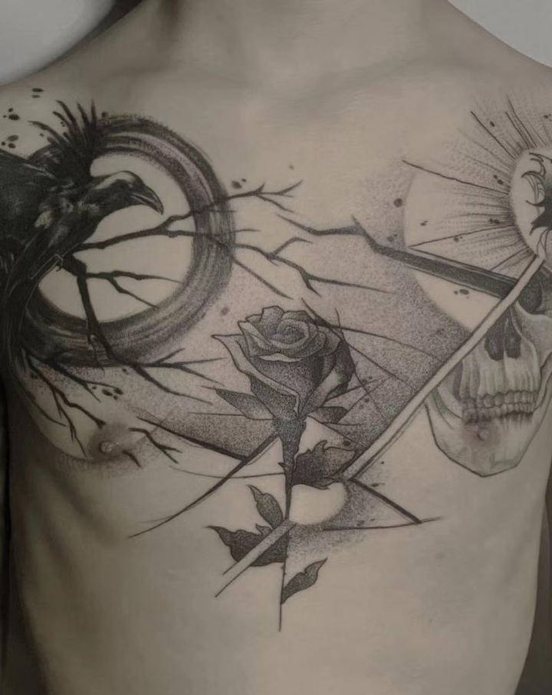 花胸纹身图片_胸部欧美写实水墨骷髅泼墨纹身图案