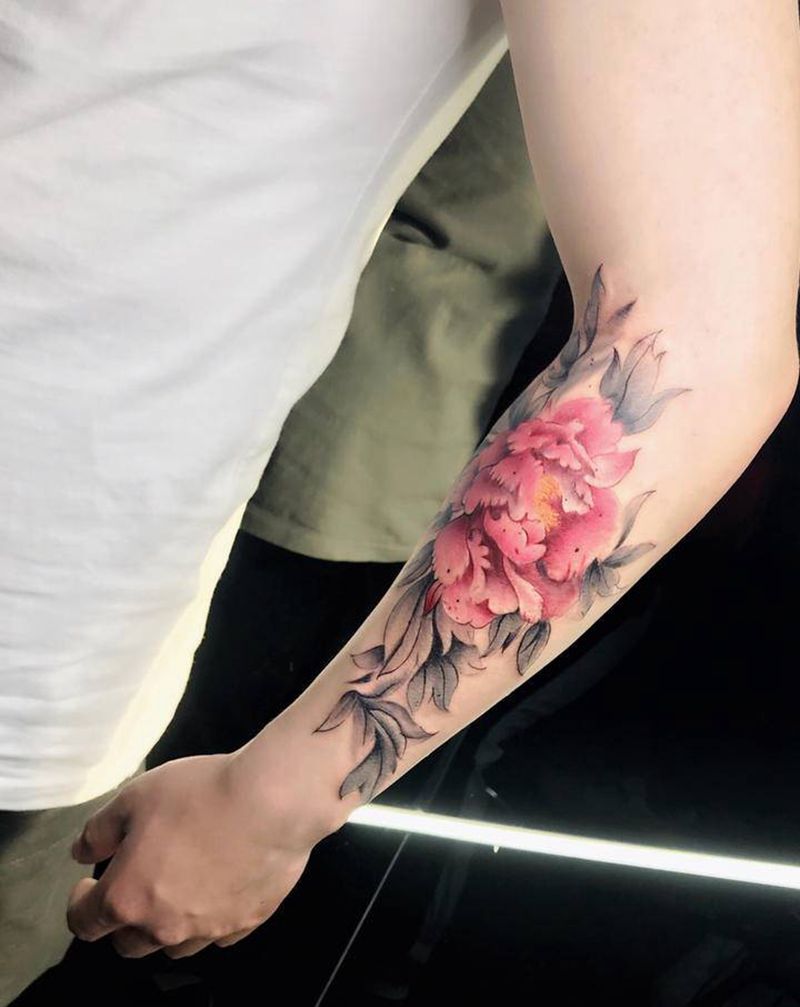 水墨/牡丹纹身图片_手臂水彩水墨牡丹纹身图案