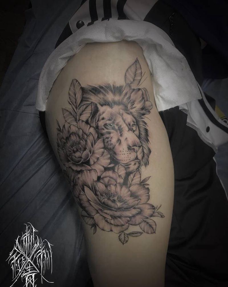 大狮子,纹身图片_腿部纹身图案