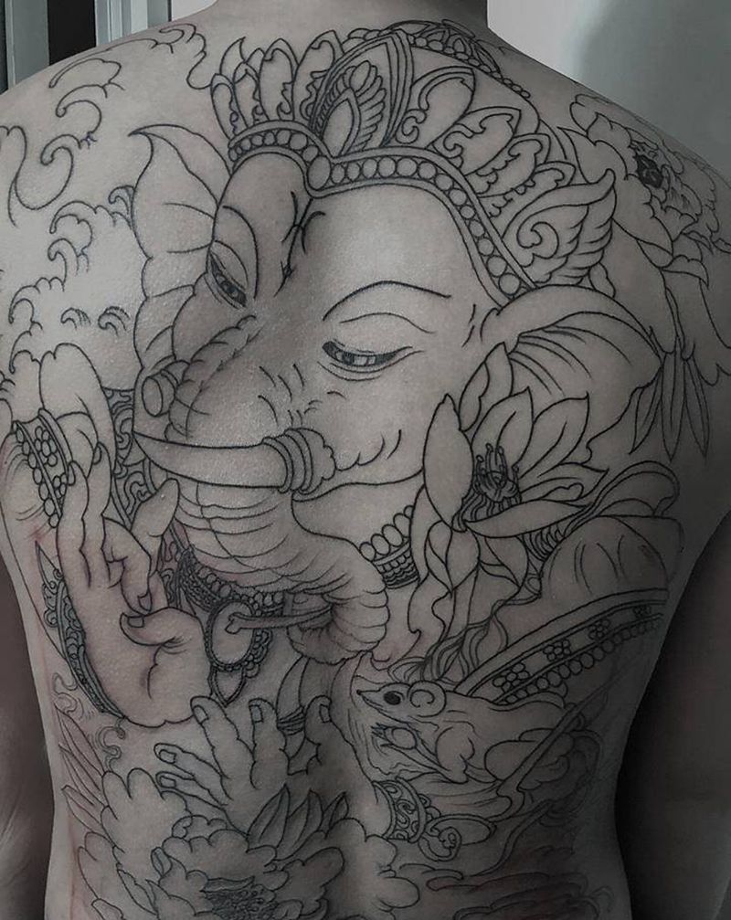 象神满背纹身图片_背部象神纹身图案